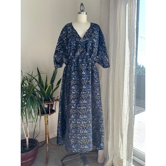 Women's L Dress Navy Blue Chinese Brocade Printed Puff Sleeve Vintage - Picture 1 of 3